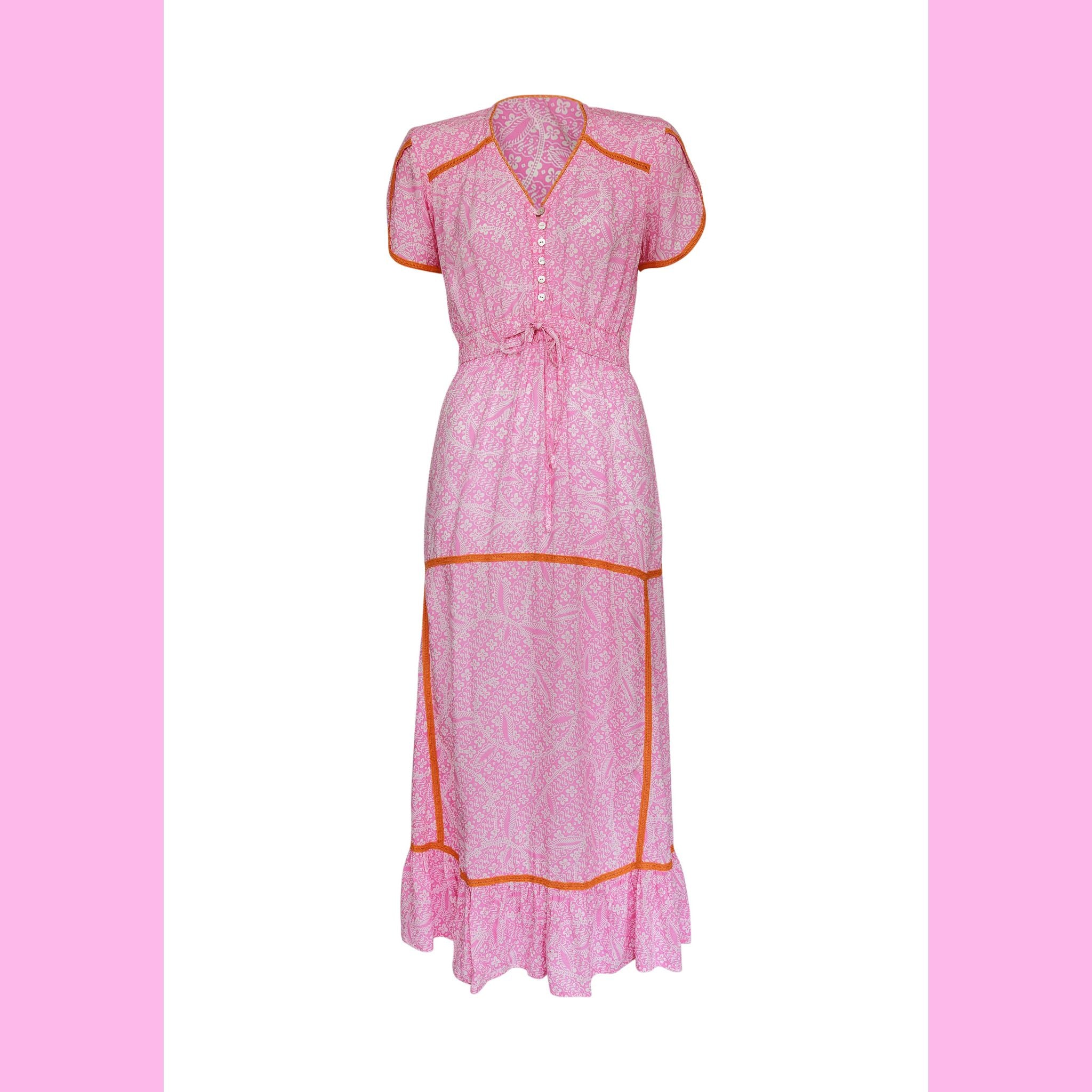 Long Dewi Dress in Pink with Orange Trim