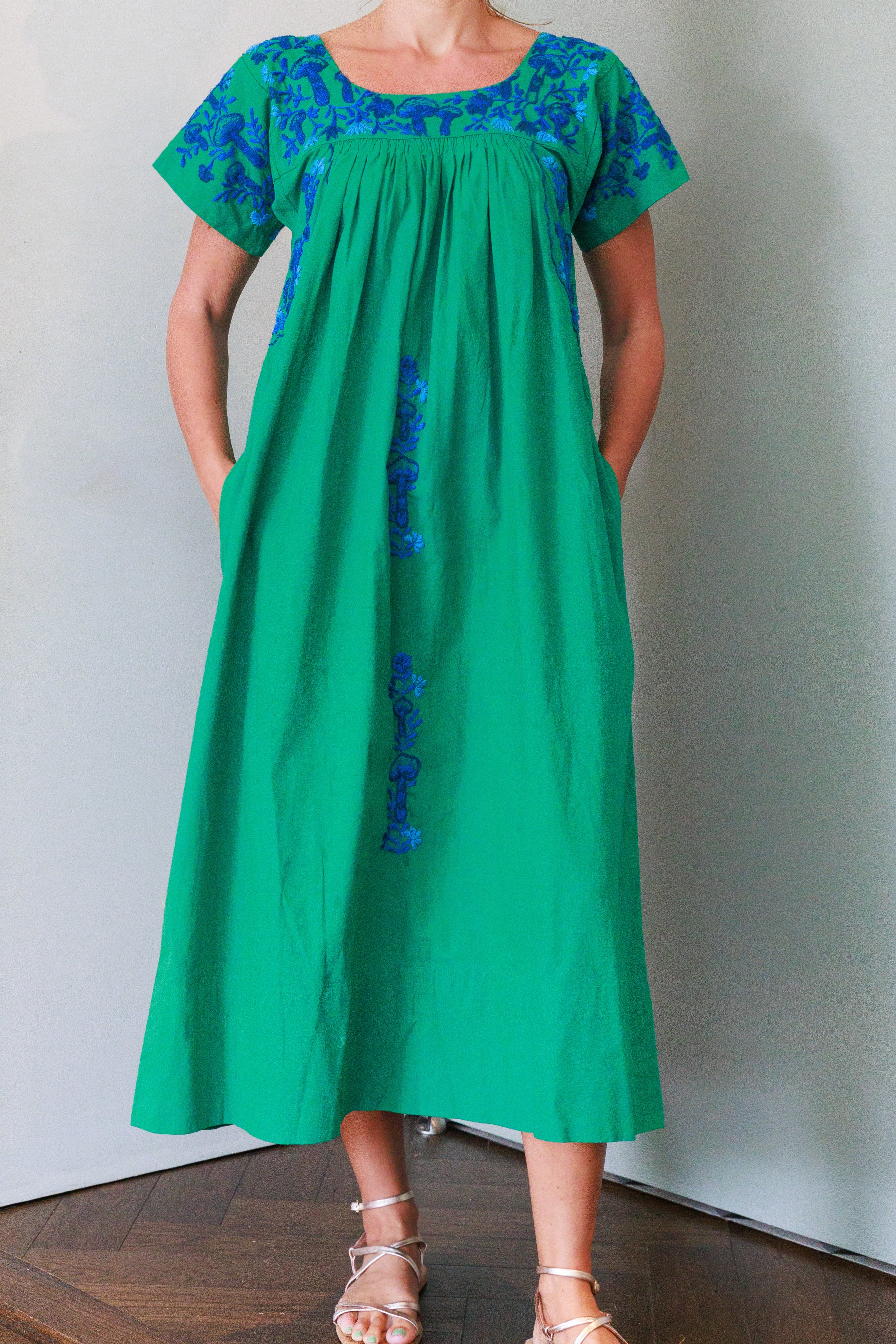 Mexican Embroidered Dress - Green with Blue