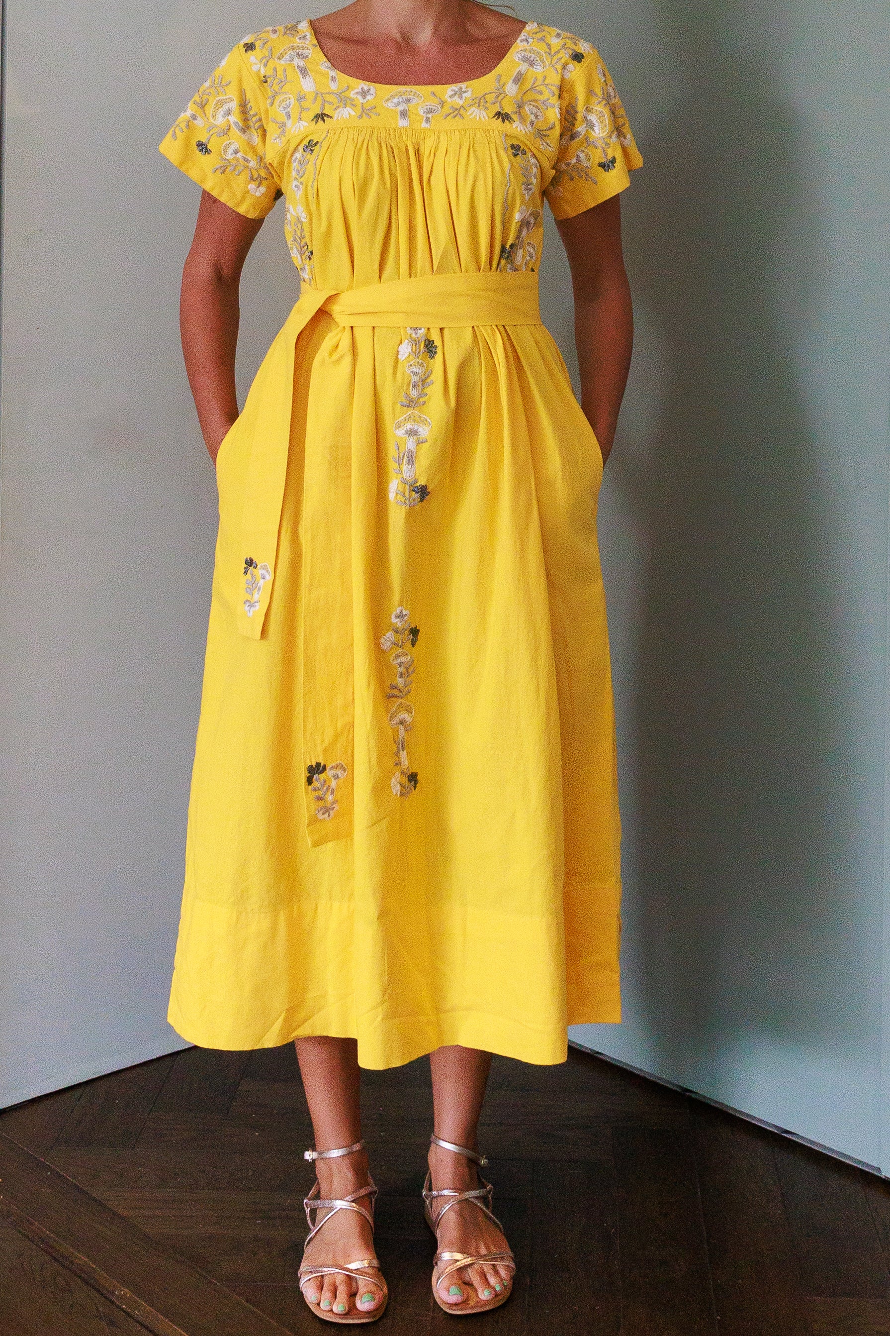 Mexican Embroidered Kaftan Dress - Lemon Yellow