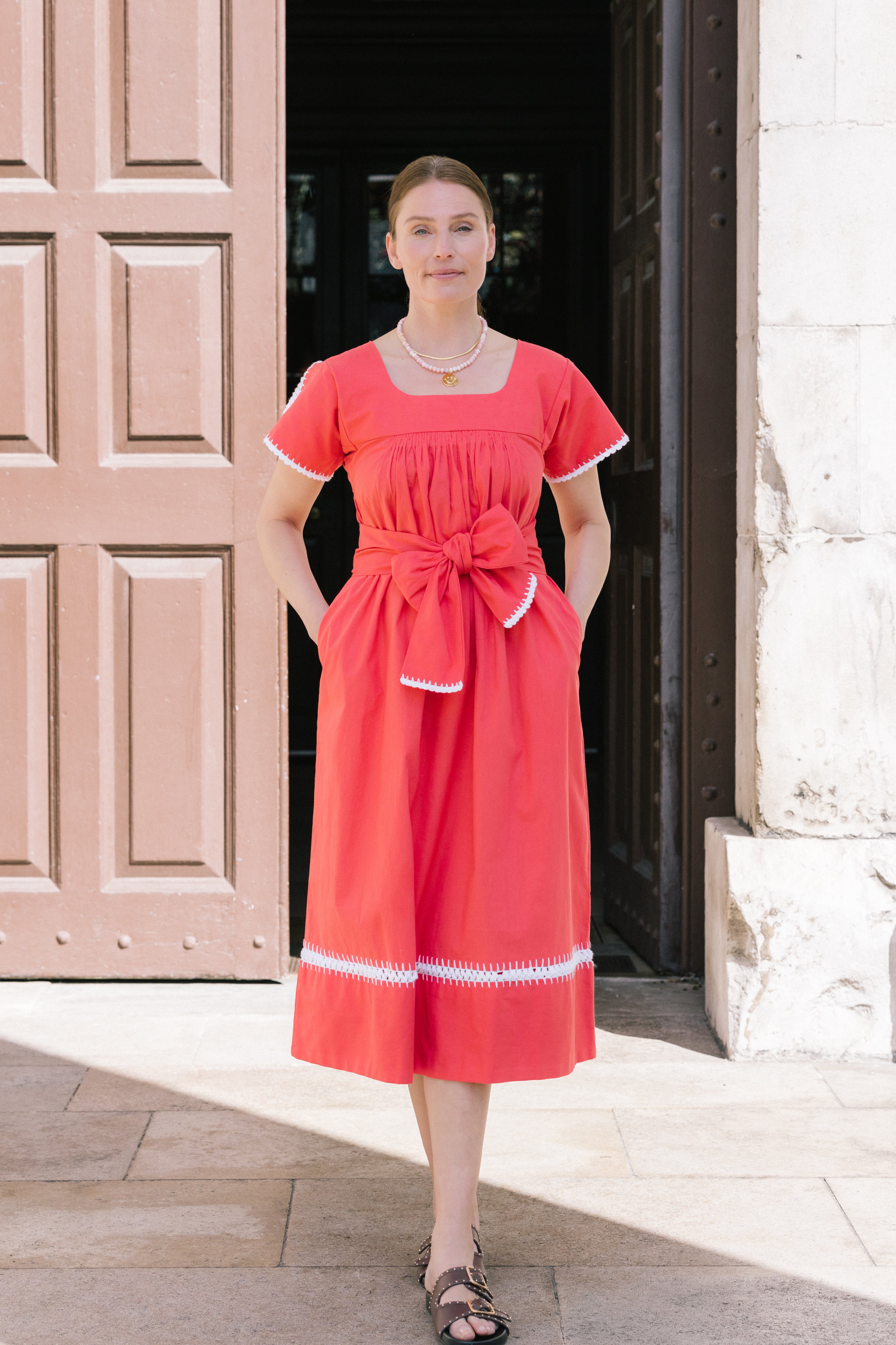 Mexican Crochet Kaftan Dress - Ruby Red with White