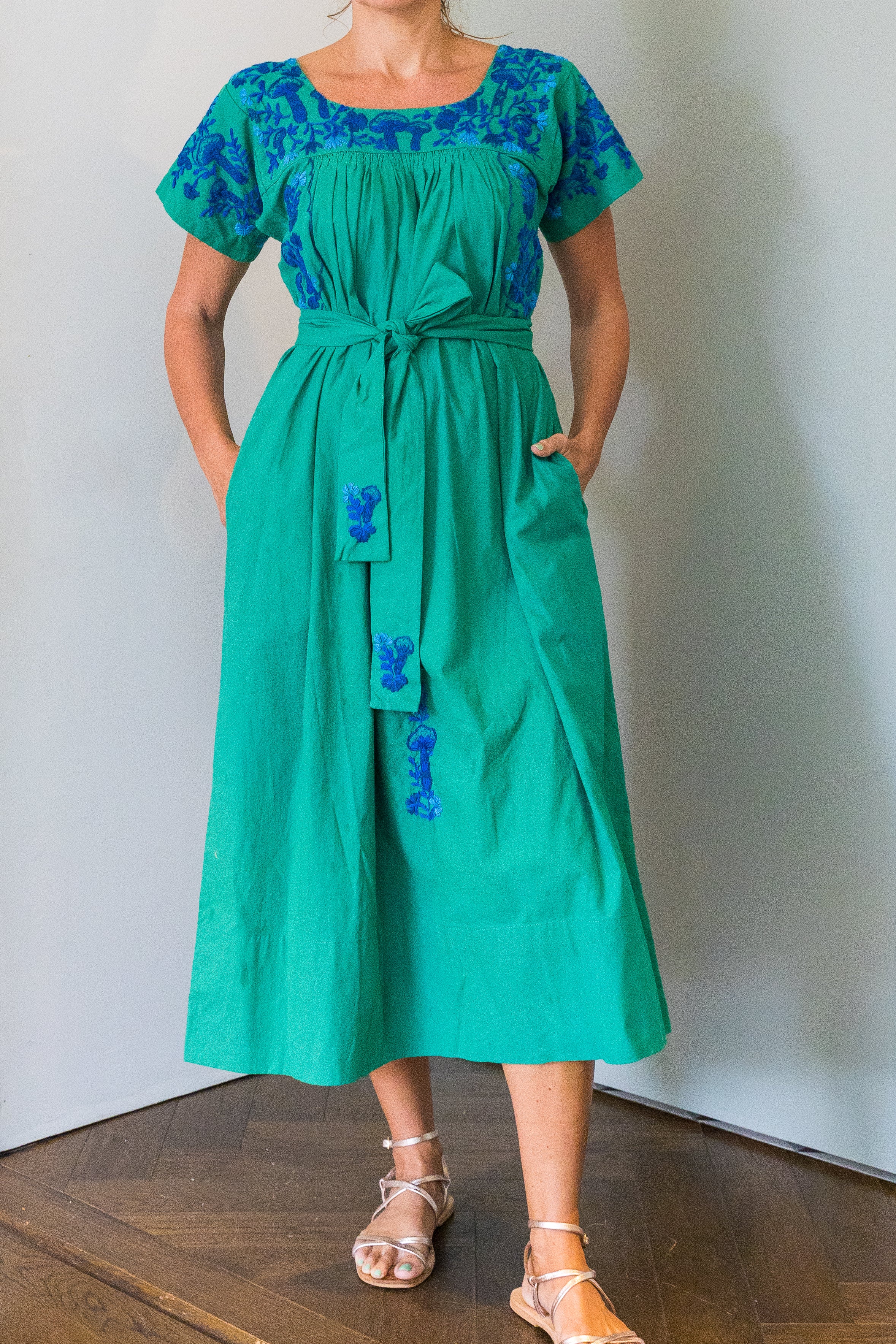 Mexican Embroidered Dress - Green with Blue