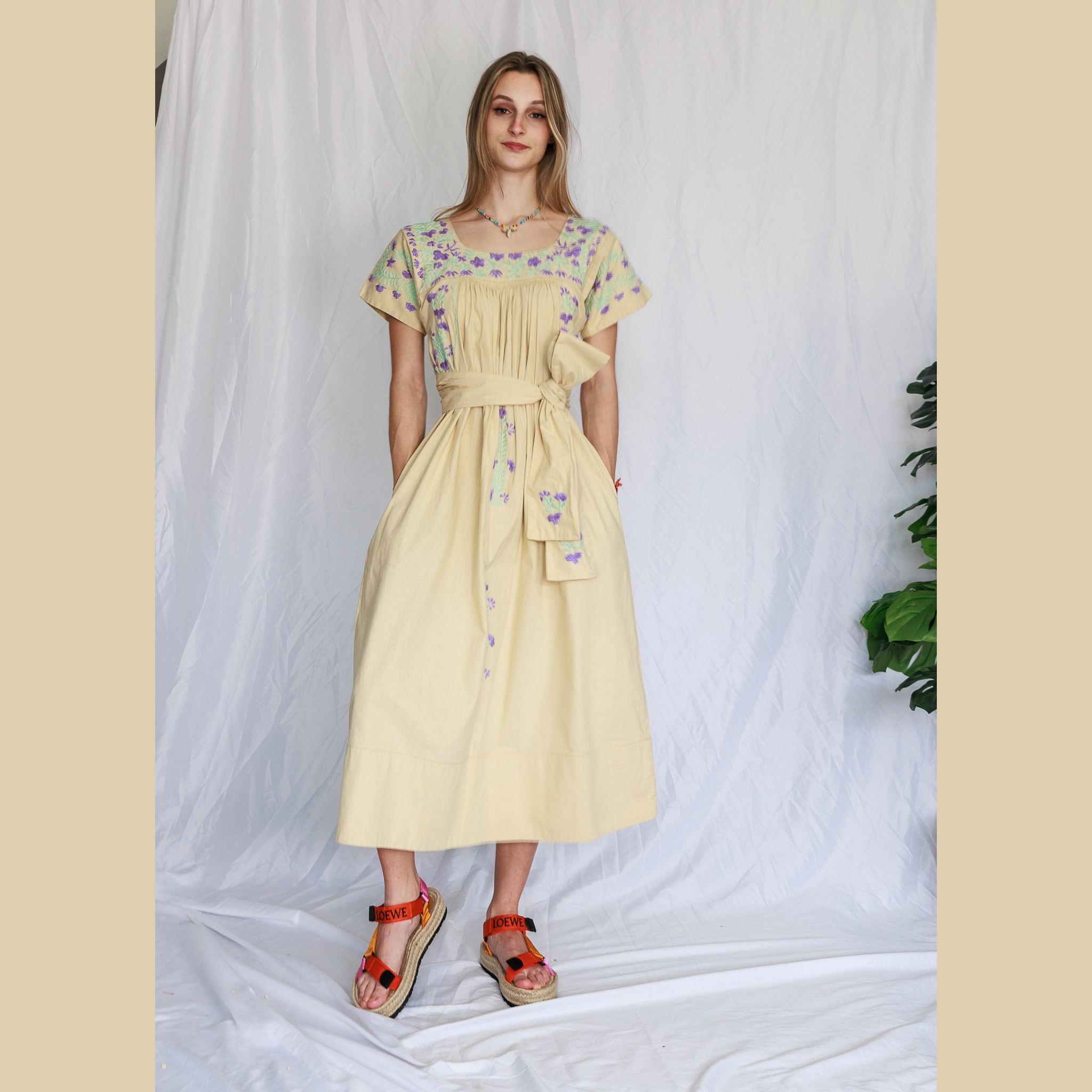 Mexican Embroidered Kaftan dress - Pale Yellow