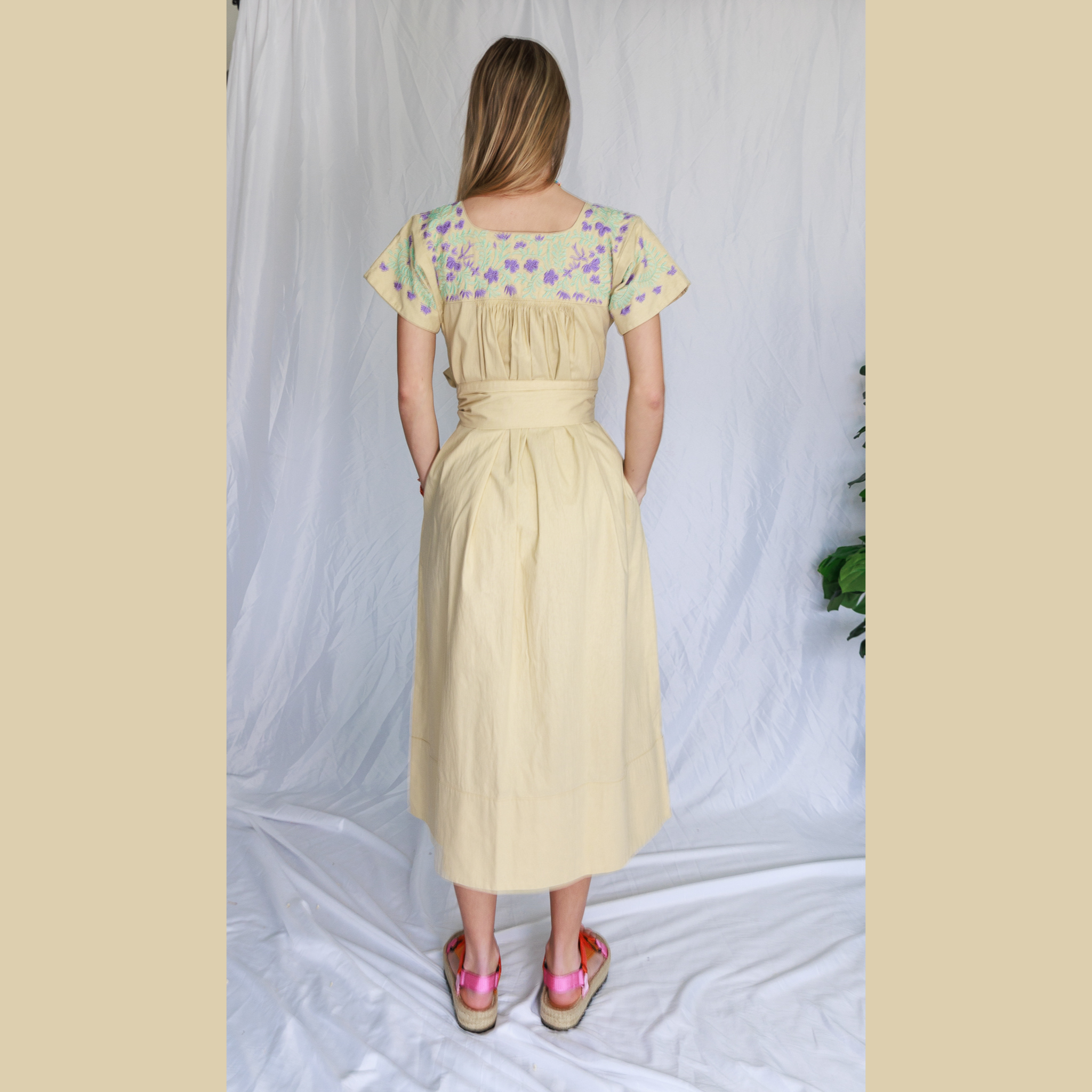 Mexican Embroidered Kaftan dress - Pale Yellow