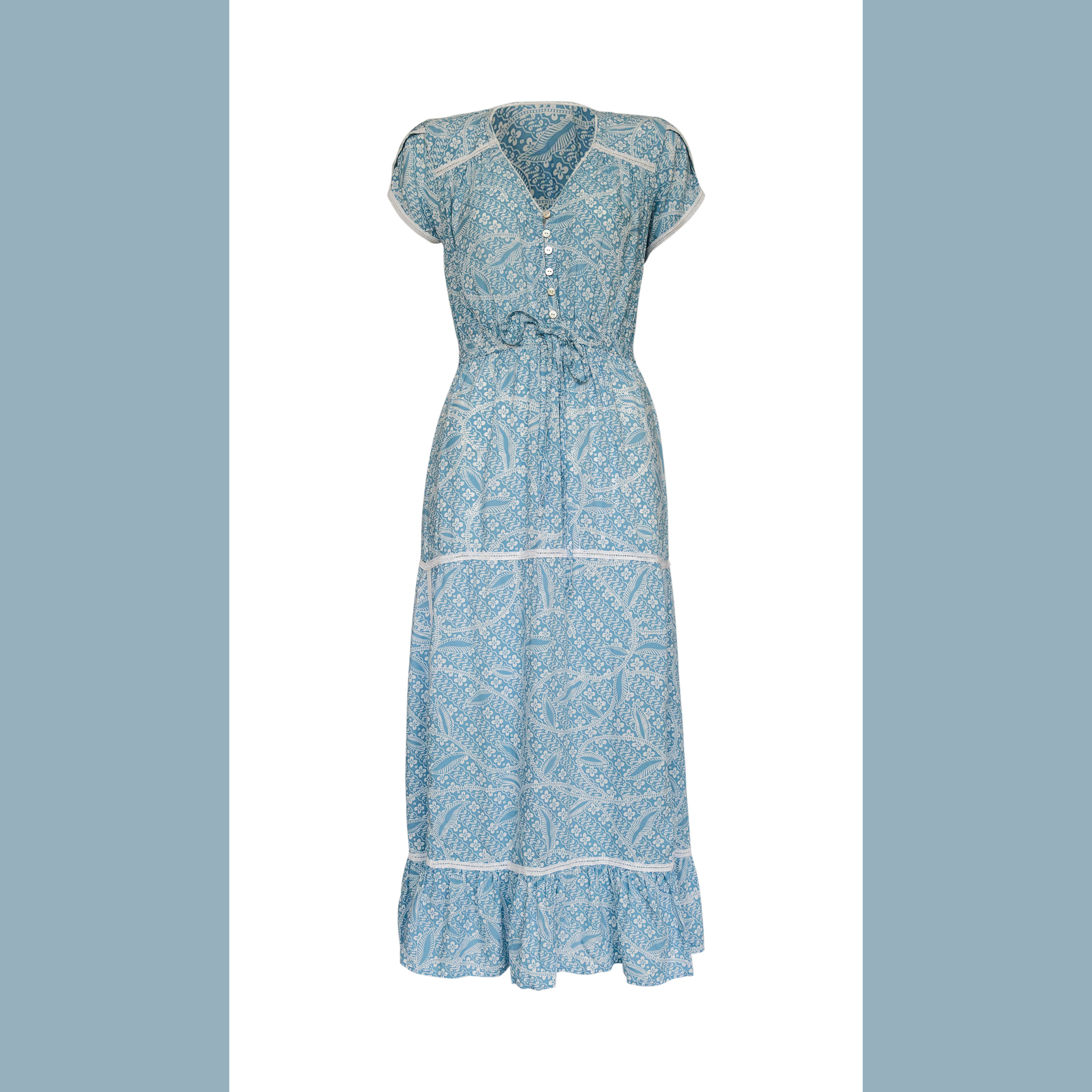 Long Dewi Dress in Blue with White trim