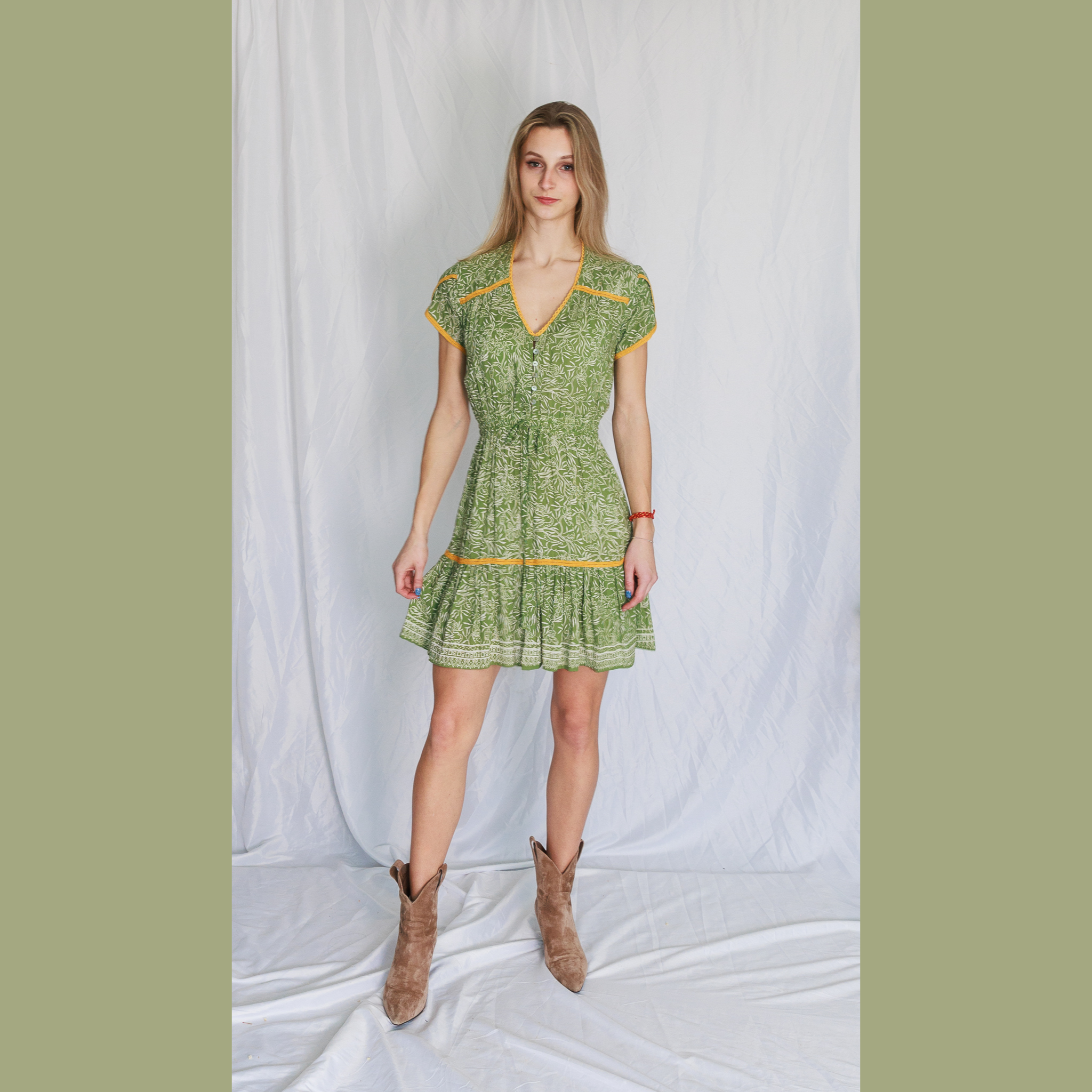 Short Dewi Dress - Green Batik with mustard trim