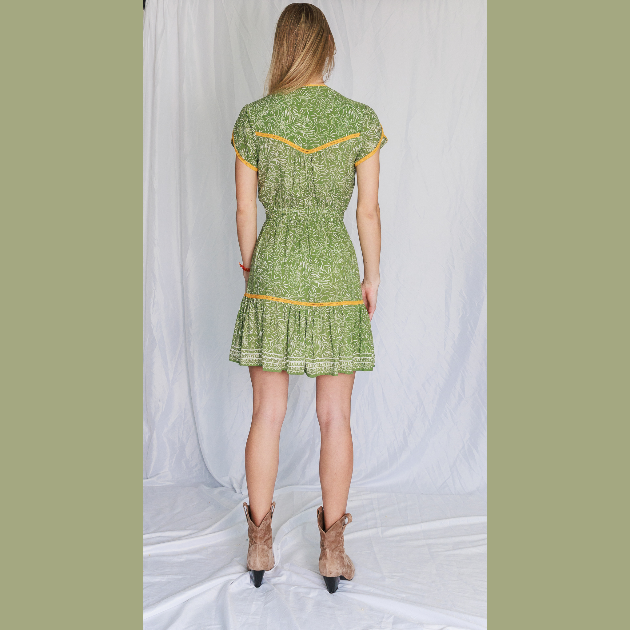 Short Dewi Dress - Green Batik with mustard trim