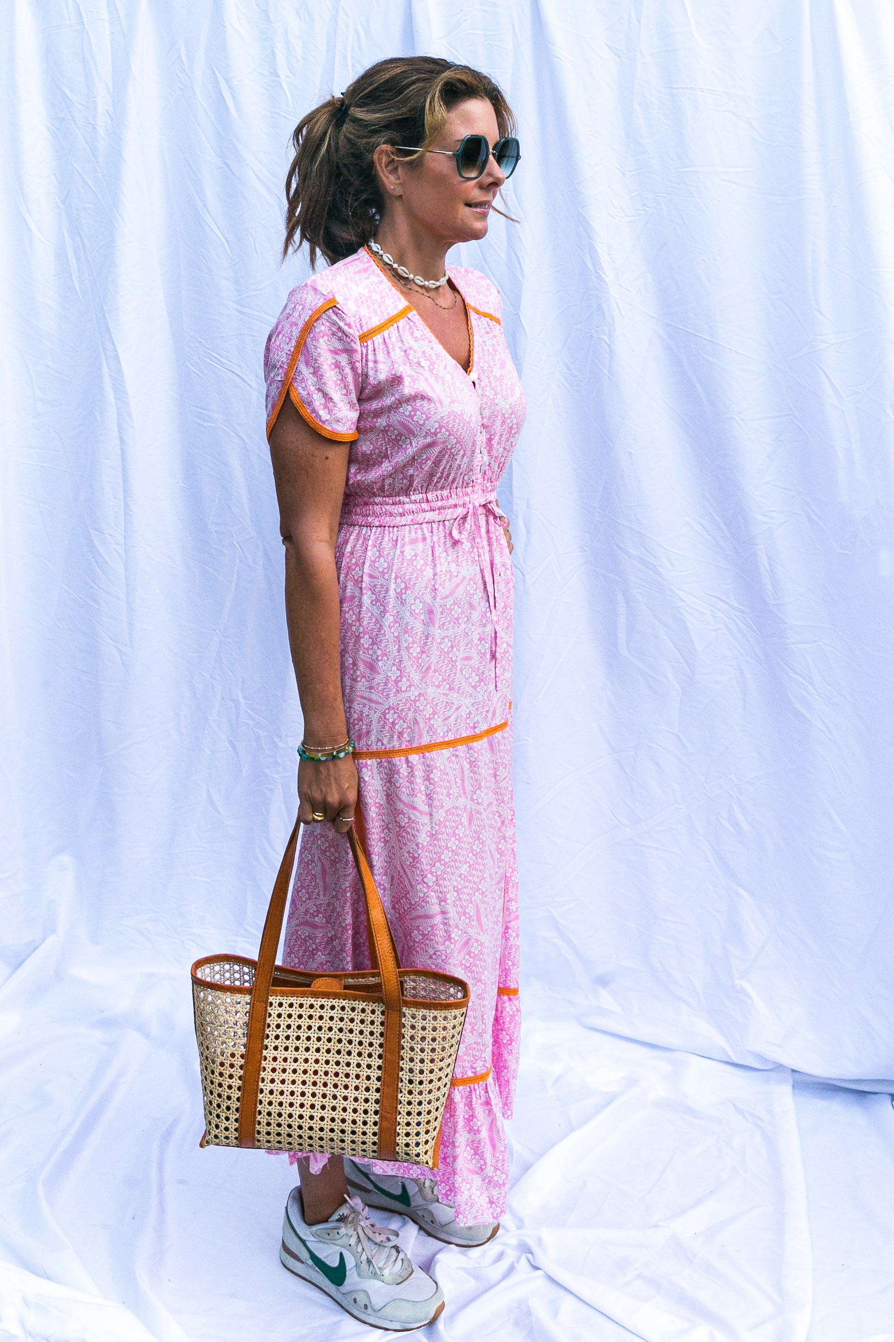 Long Dewi Dress in Pink with Orange Trim