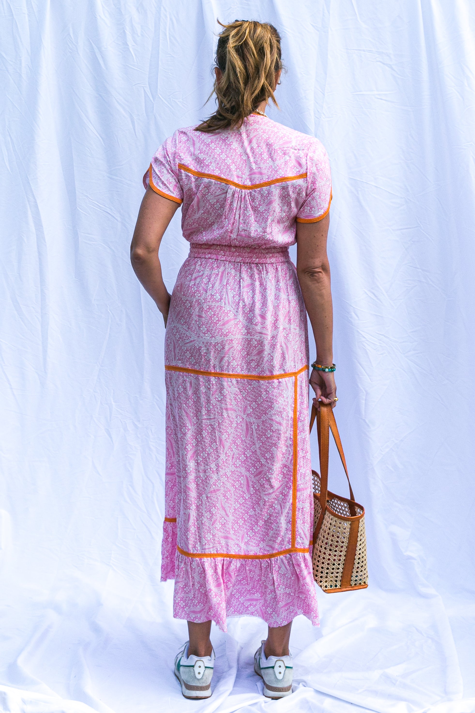 Long Dewi Dress in Pink with Orange Trim